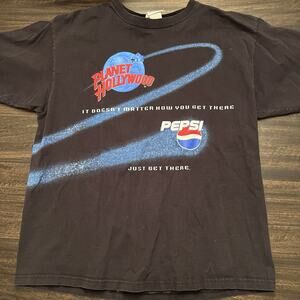Vintage 90s Planet Hollywood Pepsi Just Get There T-Shirt XL Black Space USA